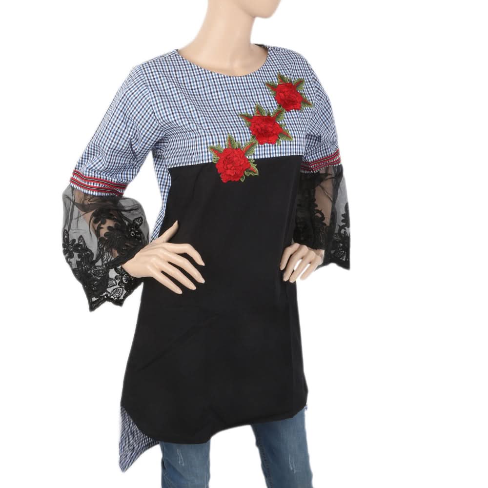 Women's Check Embroidered Kurti With Net Sleeve - Blue, Women, Ready Kurtis, Chase Value, Chase Value