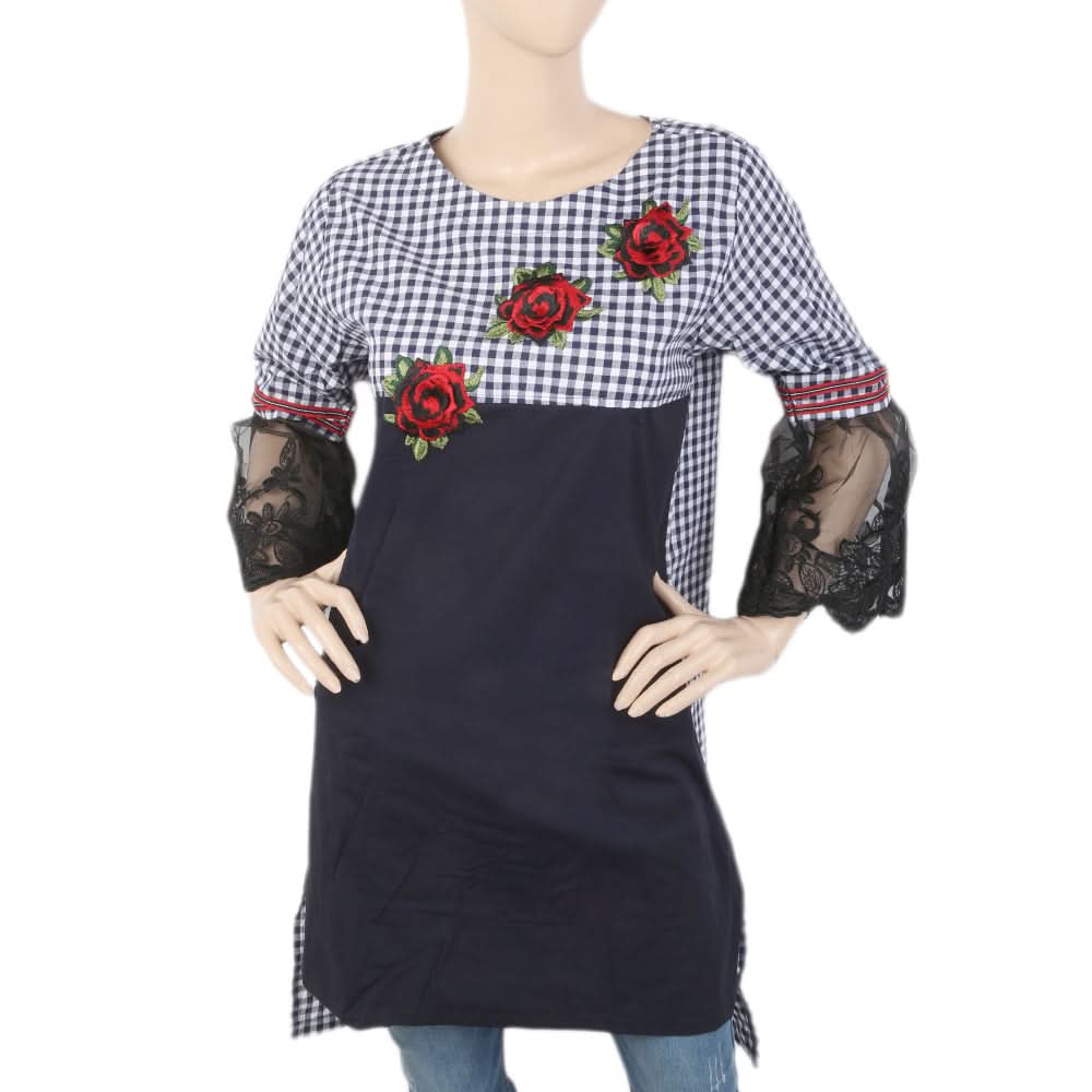 Women's Check Embroidered Kurti With Net Sleeve - Navy Blue, Women, Ready Kurtis, Chase Value, Chase Value