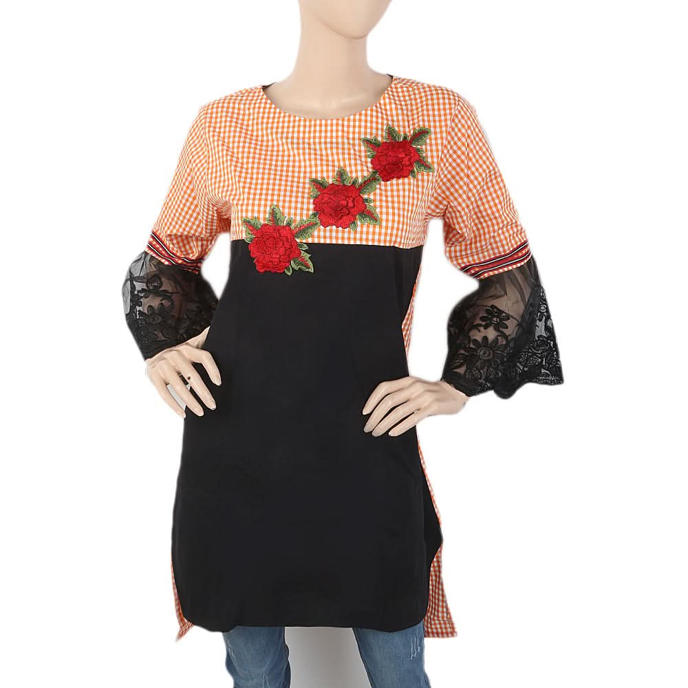 Women's Check Embroidered Kurti With Net Sleeve - Orange, Women, Ready Kurtis, Chase Value, Chase Value