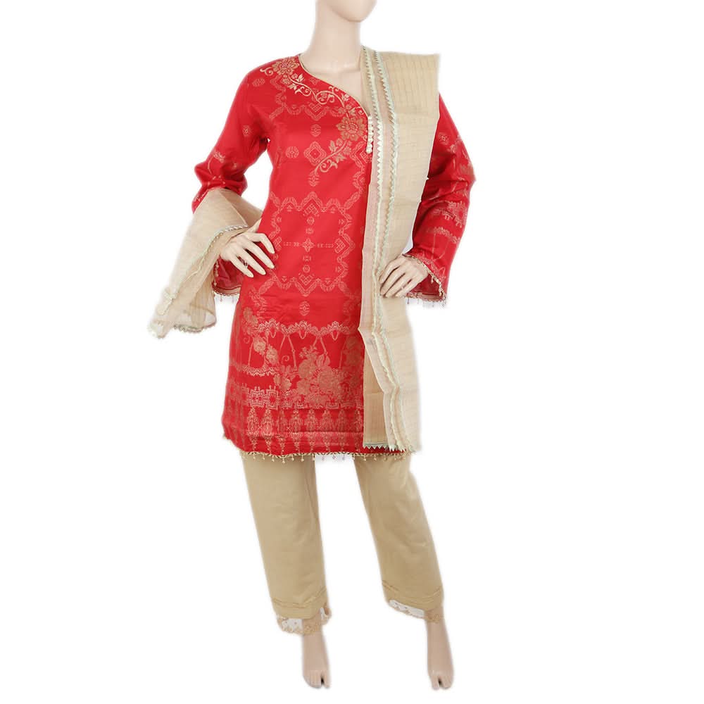 Women's Fancy Jacquard 3 Piece Suit - Red, Women, Shalwar Suits, Chase Value, Chase Value