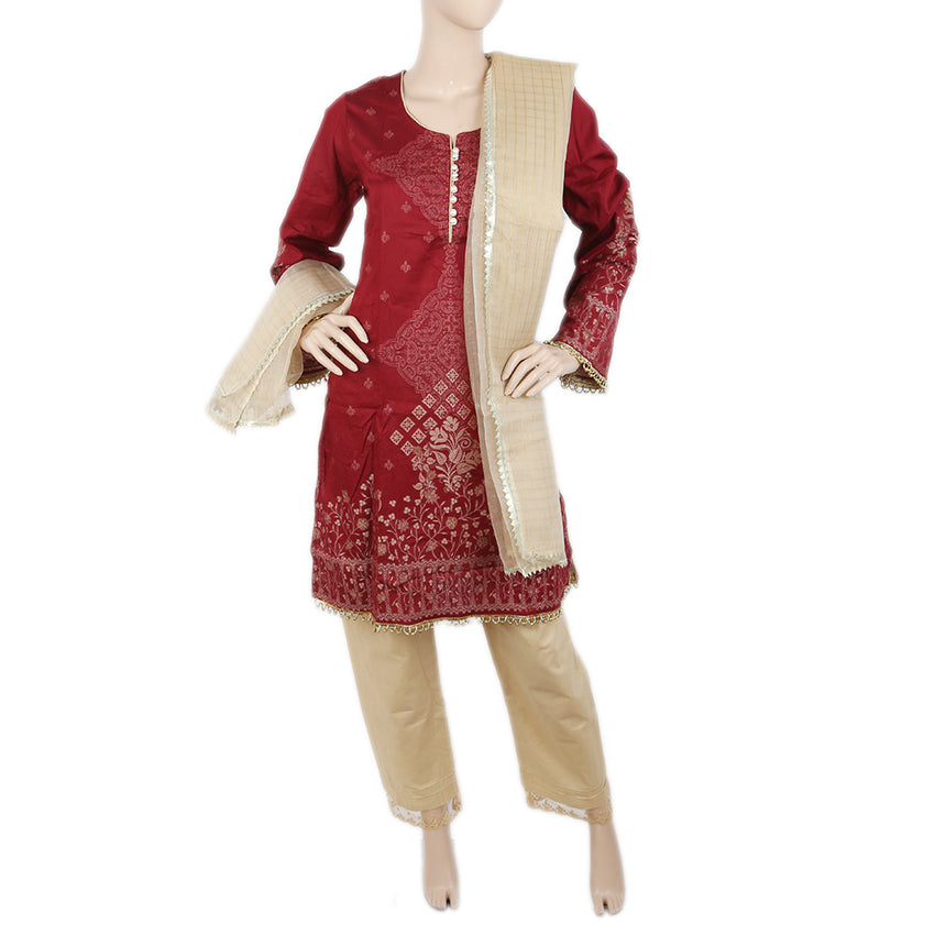 Women's Fancy Jacquard 3 Piece Suit - Maroon, Women, Shalwar Suits, Chase Value, Chase Value