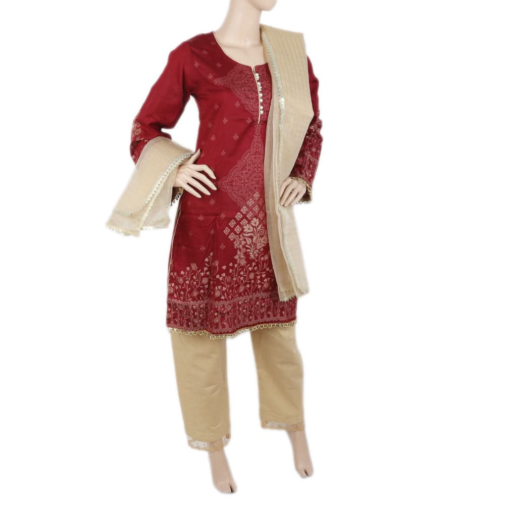Women's Fancy Jacquard 3 Piece Suit - Maroon, Women, Shalwar Suits, Chase Value, Chase Value
