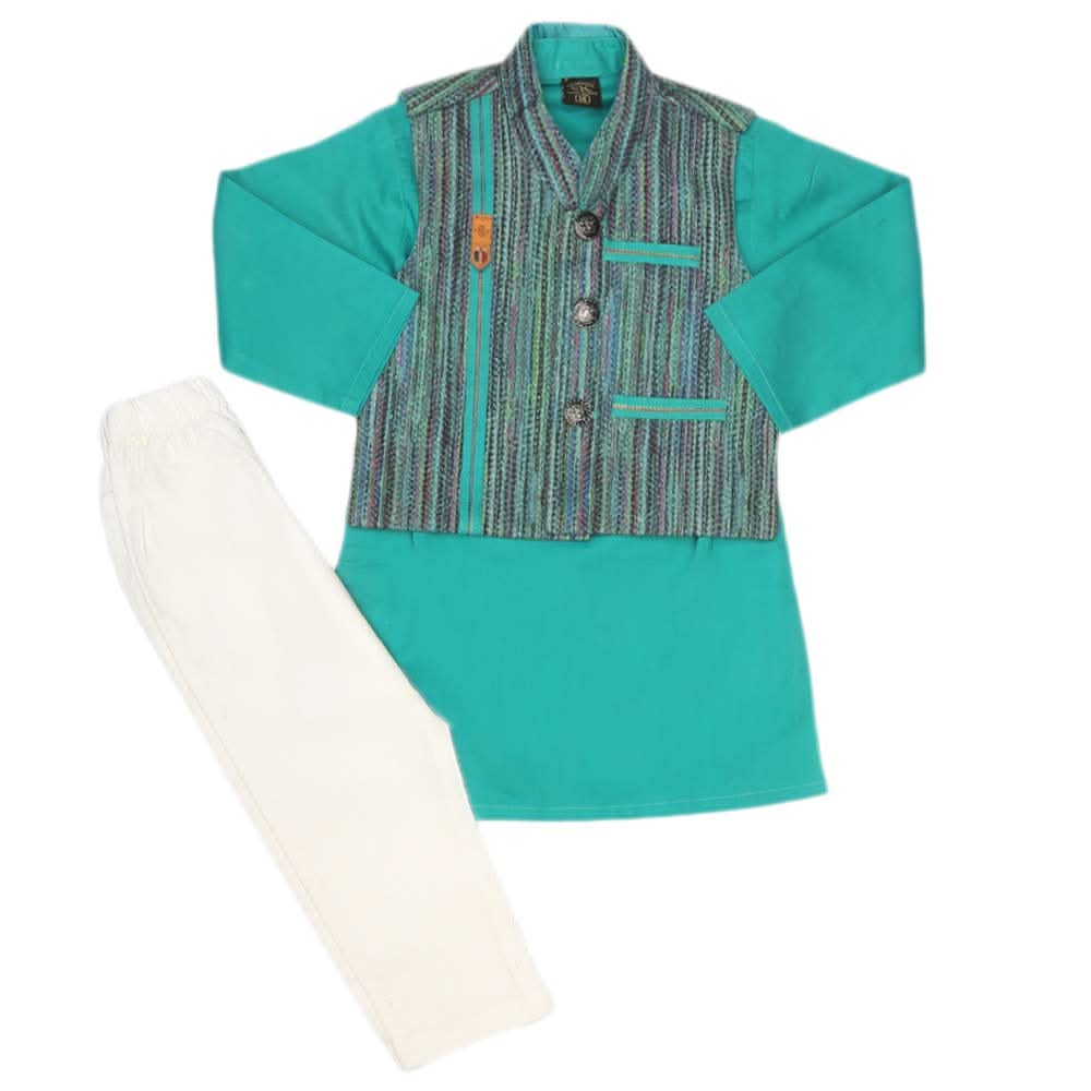 Boys WaistCoat Shalwar Suit - Sea Green, Kids, Boys Shalwar Kameez, Chase Value, Chase Value