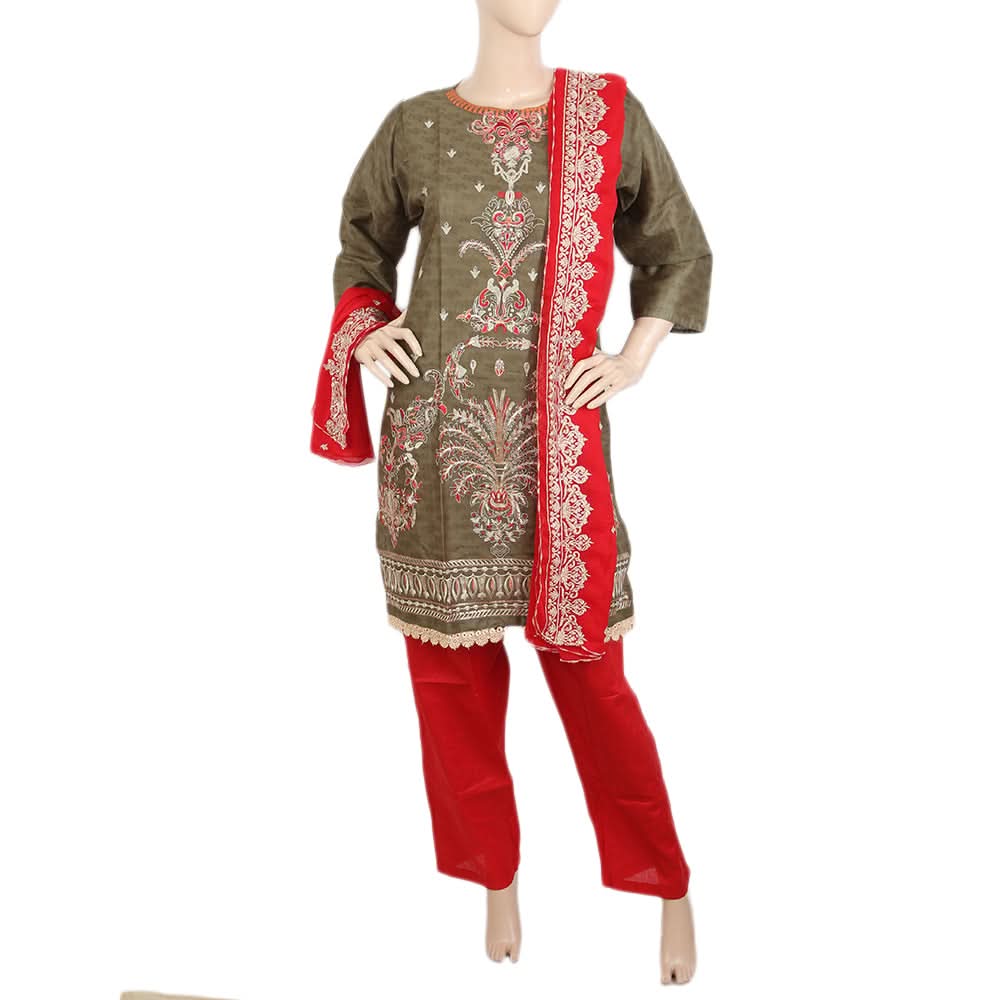 Women's Jacquard Embroidered 3 Pcs Suit - Olive Green, Women, Shalwar Suits, Chase Value, Chase Value
