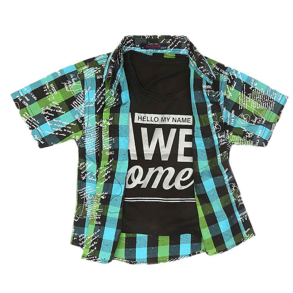 Boys 2 Pcs Check Shirt - Green, Kids, Boys Shirts, Chase Value, Chase Value