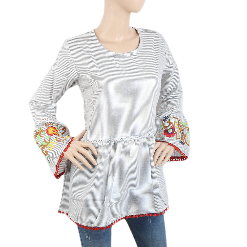 Women's Western Top With Embroidered Sleeve & Lace - Grey, Women, T-Shirts And Tops, Chase Value, Chase Value