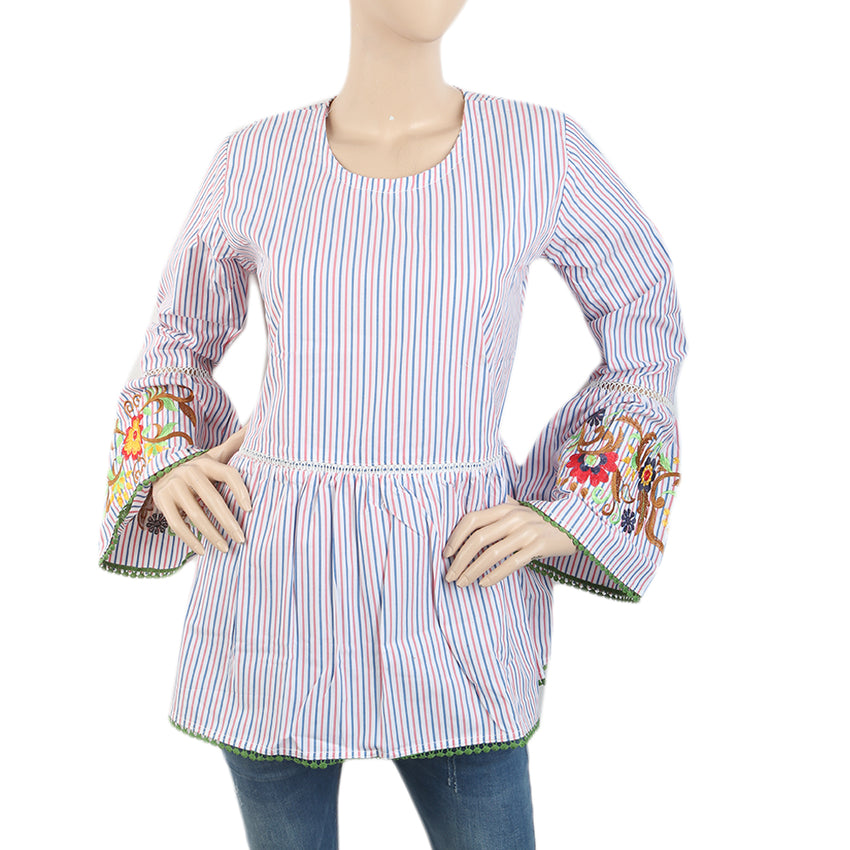 Women's Western Top With Embroidered Sleeve & Lace - Blue, Women, T-Shirts And Tops, Chase Value, Chase Value