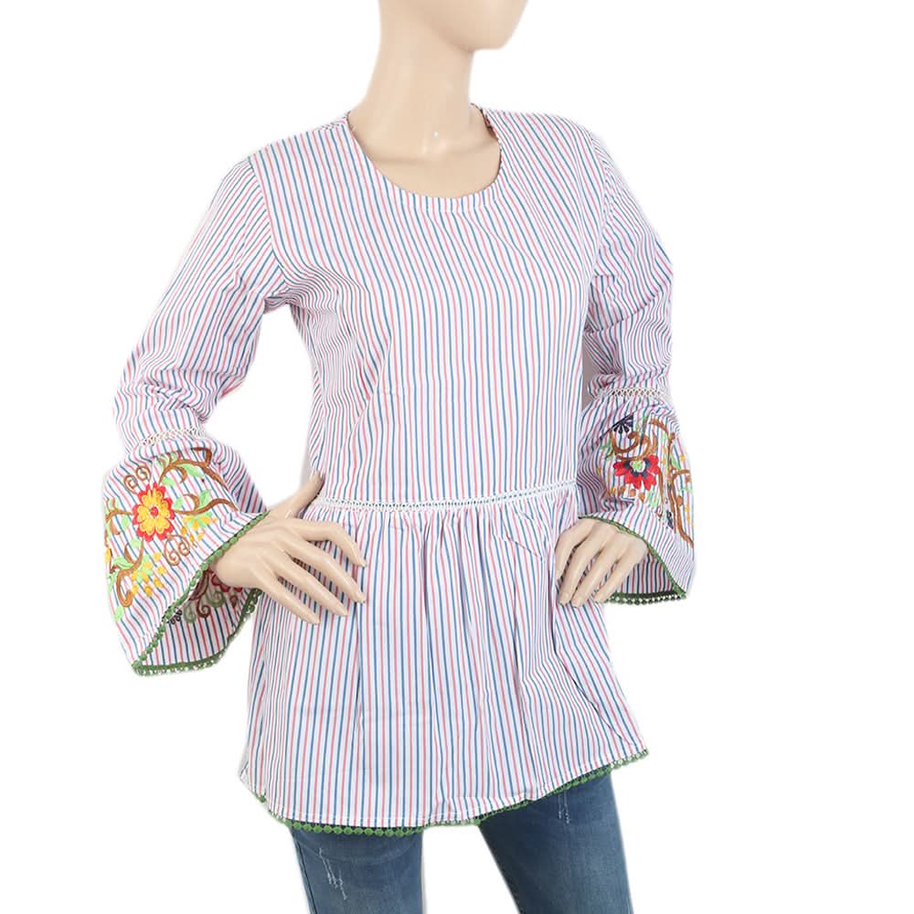 Women's Western Top With Embroidered Sleeve & Lace - Blue, Women, T-Shirts And Tops, Chase Value, Chase Value