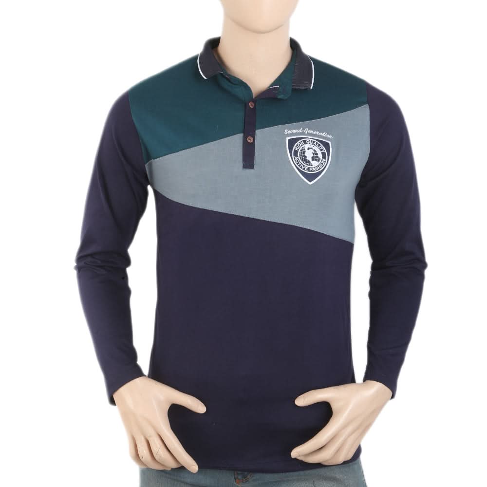 Men's Full Sleeves Fancy Polo T-Shirt - Steel Blue, Men, T-Shirts And Polos, Chase Value, Chase Value