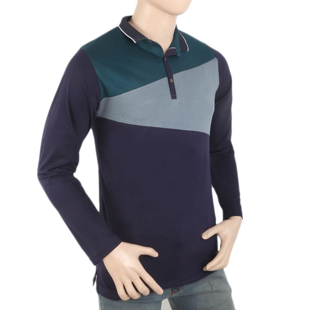 Men's Full Sleeves Fancy Polo T-Shirt - Steel Blue, Men, T-Shirts And Polos, Chase Value, Chase Value