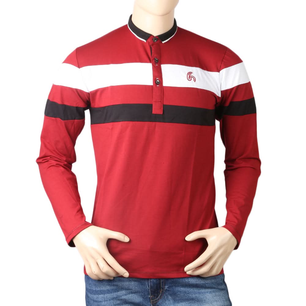Men's Full Sleeves Sherwani Collor T-Shirt - Maroon, Men, T-Shirts And Polos, Chase Value, Chase Value