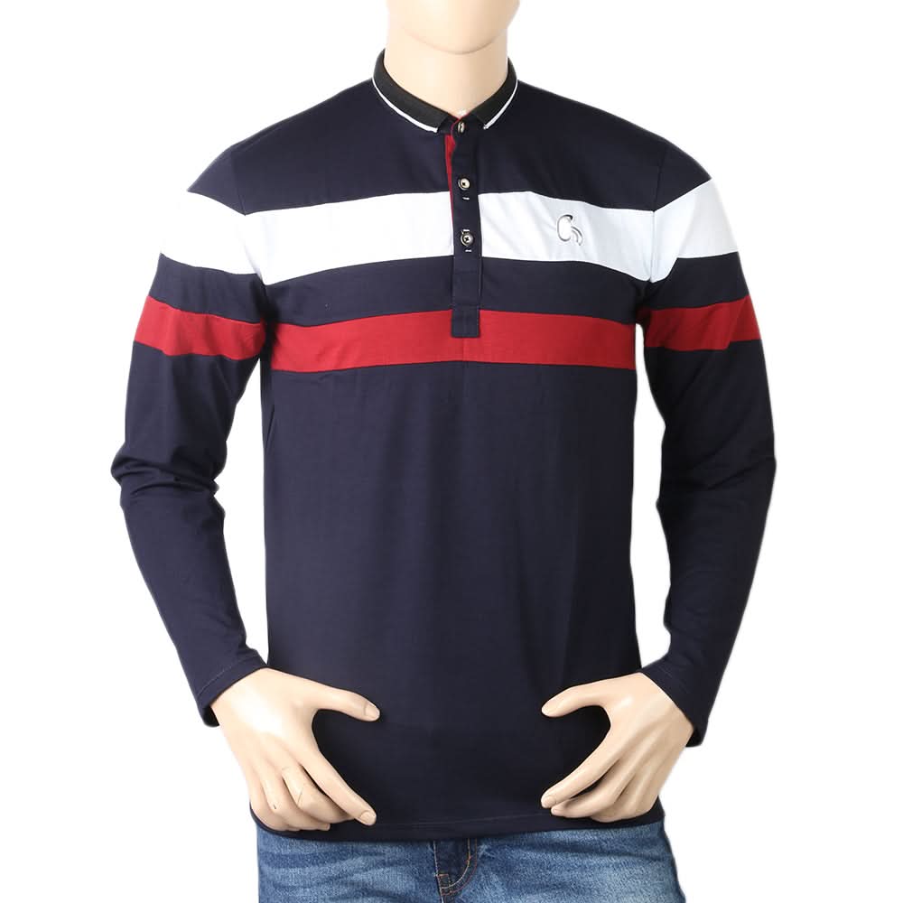 Men's Full Sleeves Sherwani Collor T-Shirt - Navy Blue, Men, T-Shirts And Polos, Chase Value, Chase Value