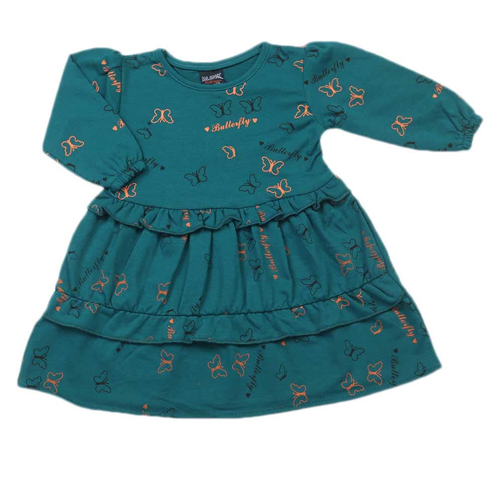 Girls Full Sleeves Frock - Dark Green, Girls Frocks, Chase Value, Chase Value