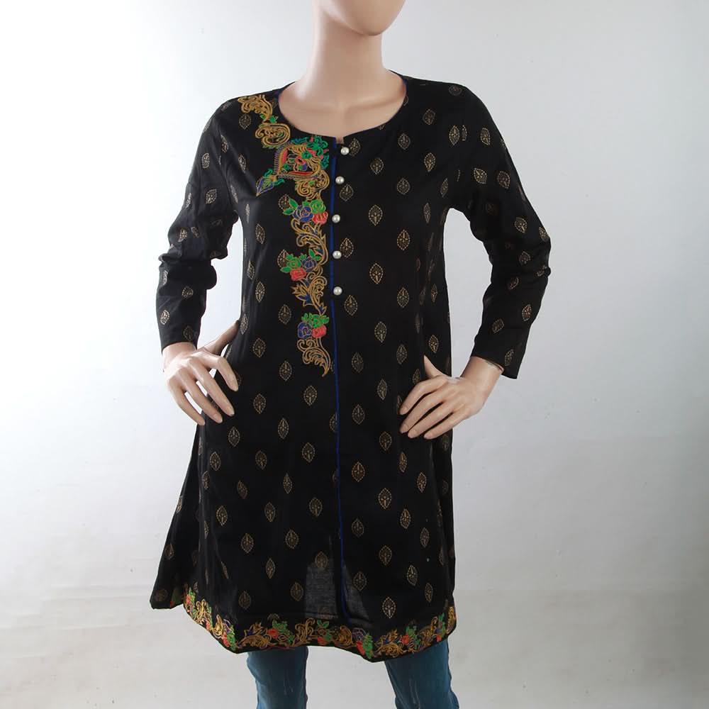 Women's Embroidered Kurti With Front Button - Black, Women, Ready Kurtis, Chase Value, Chase Value