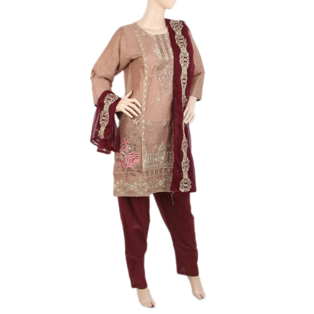 Women's Jacquard Embroidered 3 Pcs Suit - Brown, Women, Shalwar Suits, Chase Value, Chase Value