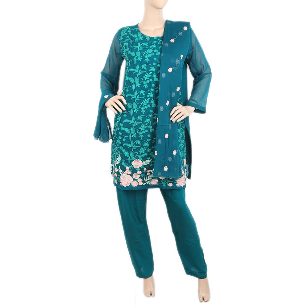 Women's Fancy Embroidered Chiffon 3 Pcs Suit - Dark Green, Women, Shalwar Suits, Chase Value, Chase Value