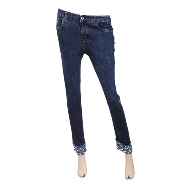 Women's Denim Pant Reverse Pearls Bottom - Dark Blue, Women, Pants & Tights, Chase Value, Chase Value