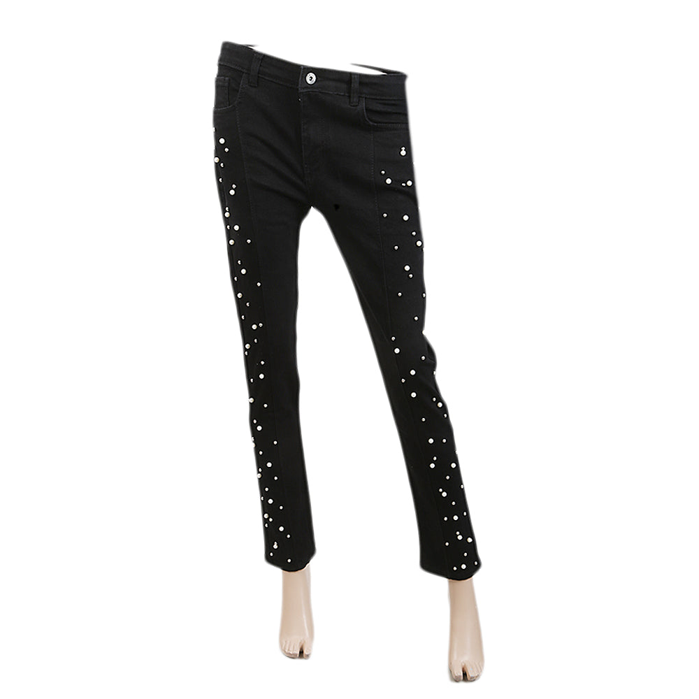 Women's Denim Pant Reverse Pearls Bottom - Black, Women, Pants & Tights, Chase Value, Chase Value