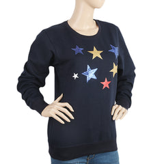 Women's Embroidered Fleece Sweatshirt, E01 - Navy Blue, Women, Sweatshirts And Hoodies, Chase Value, Chase Value