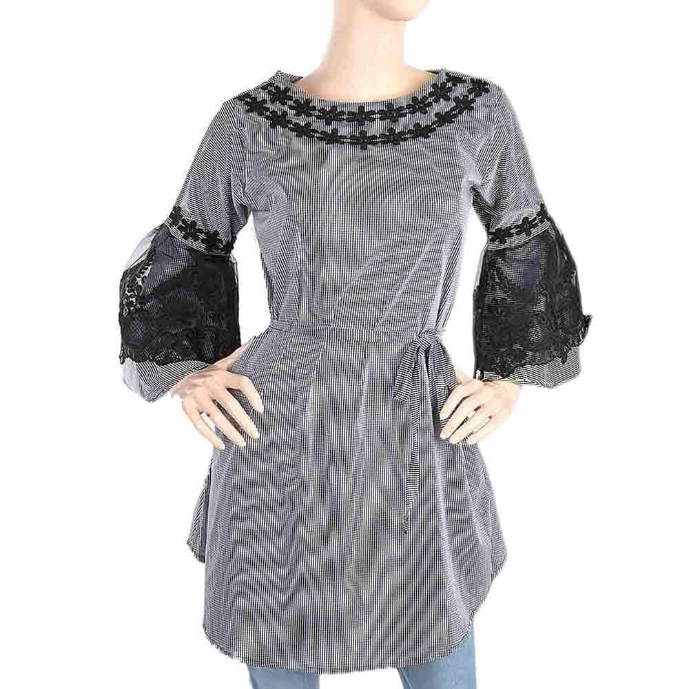 Women's Stripe Kurti With Net Sleeves - Black, Women, Ready Kurtis, Chase Value, Chase Value
