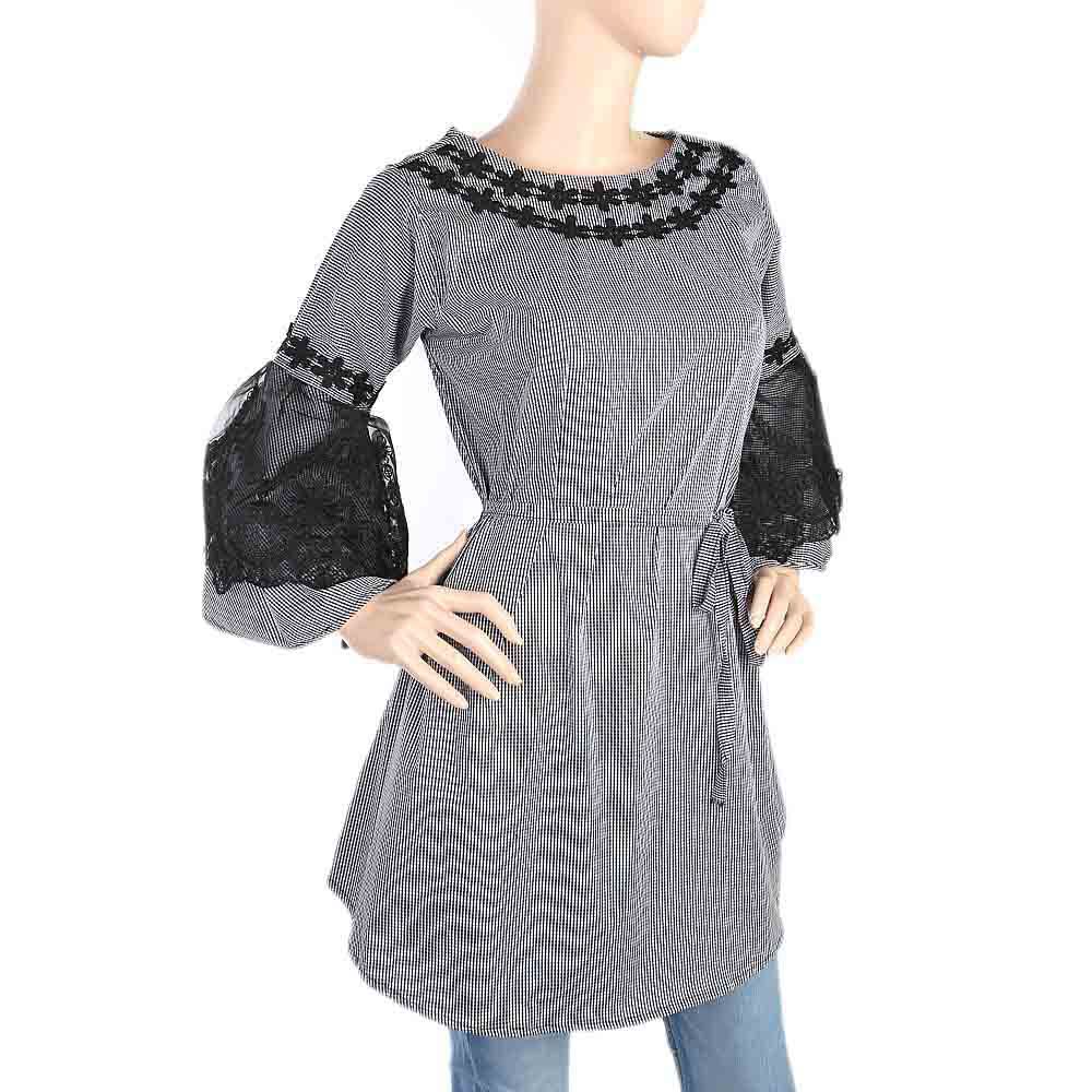 Women's Stripe Kurti With Net Sleeves - Black, Women, Ready Kurtis, Chase Value, Chase Value