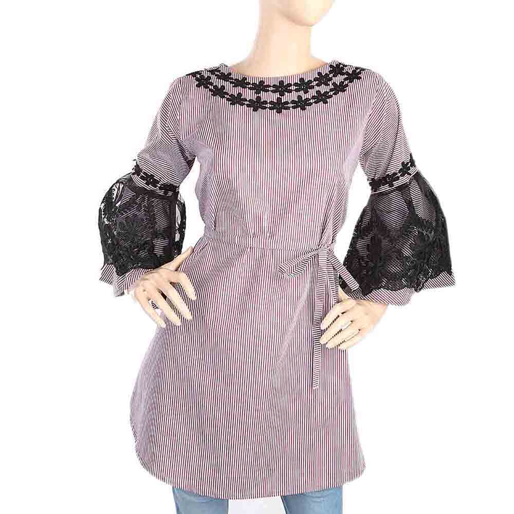 Women's Stripe Kurti With Net Sleeves - Dark Purple, Women, Ready Kurtis, Chase Value, Chase Value