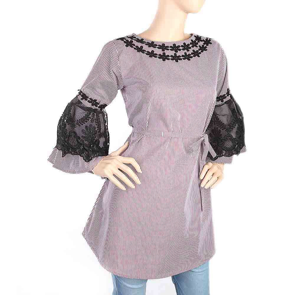 Women's Stripe Kurti With Net Sleeves - Dark Purple, Women, Ready Kurtis, Chase Value, Chase Value