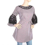 Women's Stripe Kurti With Net Sleeves - Dark Purple, Women, Ready Kurtis, Chase Value, Chase Value