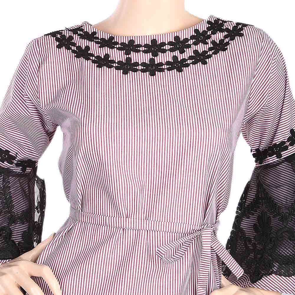 Women's Stripe Kurti With Net Sleeves - Dark Purple, Women, Ready Kurtis, Chase Value, Chase Value