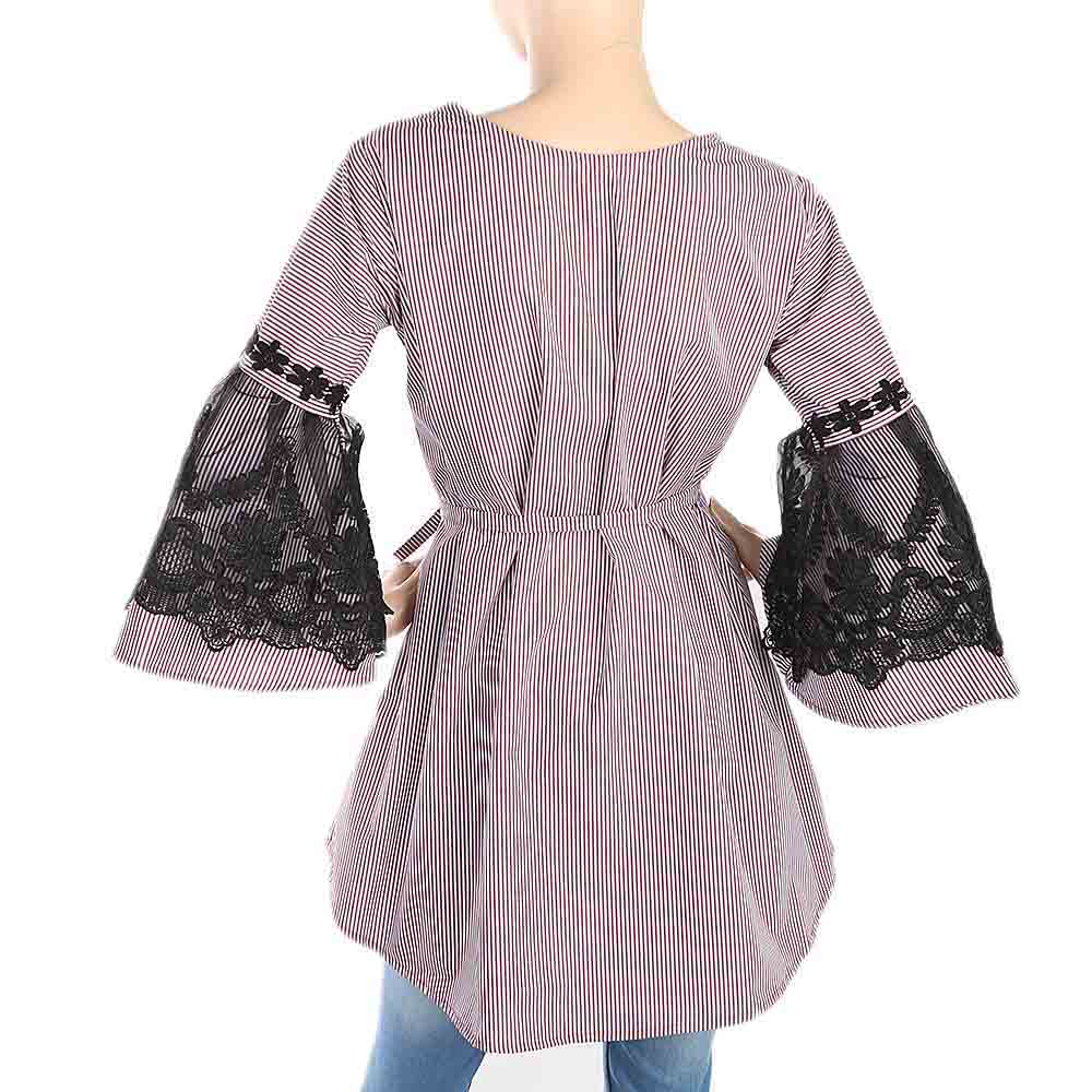 Women's Stripe Kurti With Net Sleeves - Dark Purple, Women, Ready Kurtis, Chase Value, Chase Value