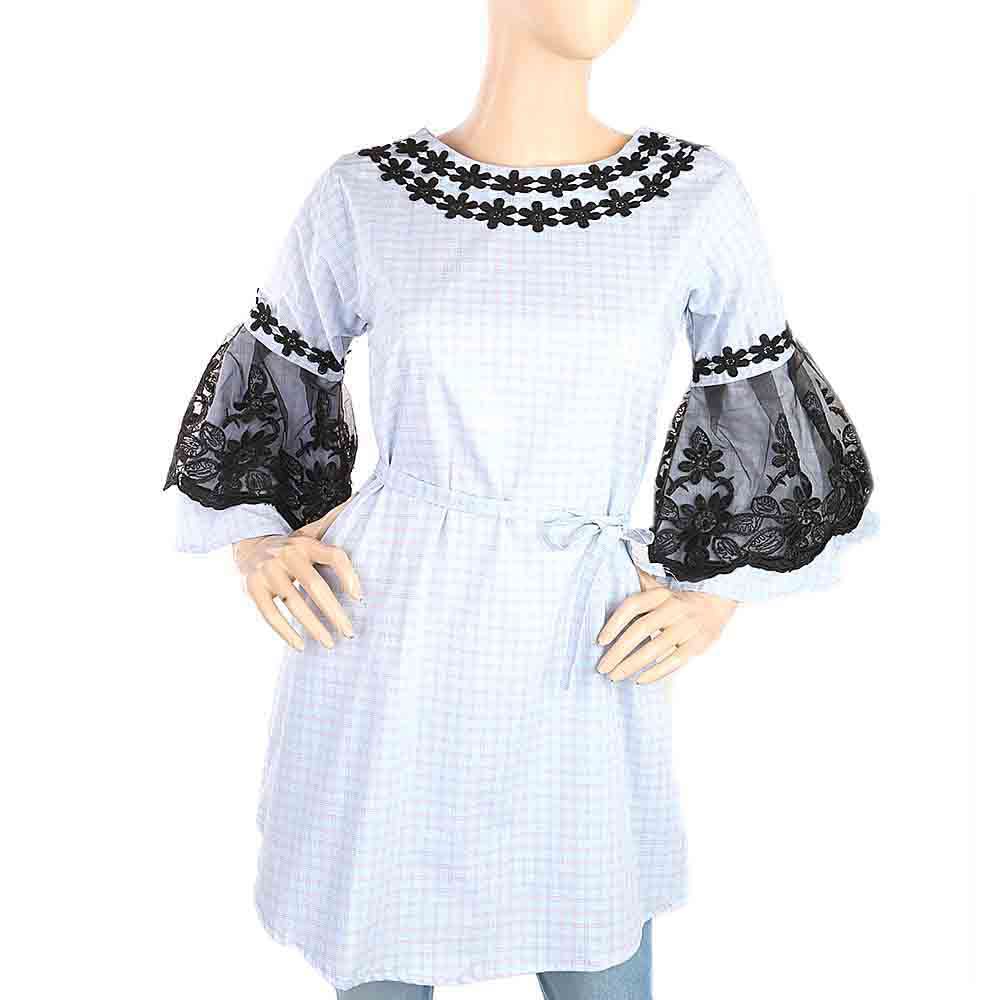 Women's Stripe Kurti With Net Sleeves - Light Blue, Women, Ready Kurtis, Chase Value, Chase Value