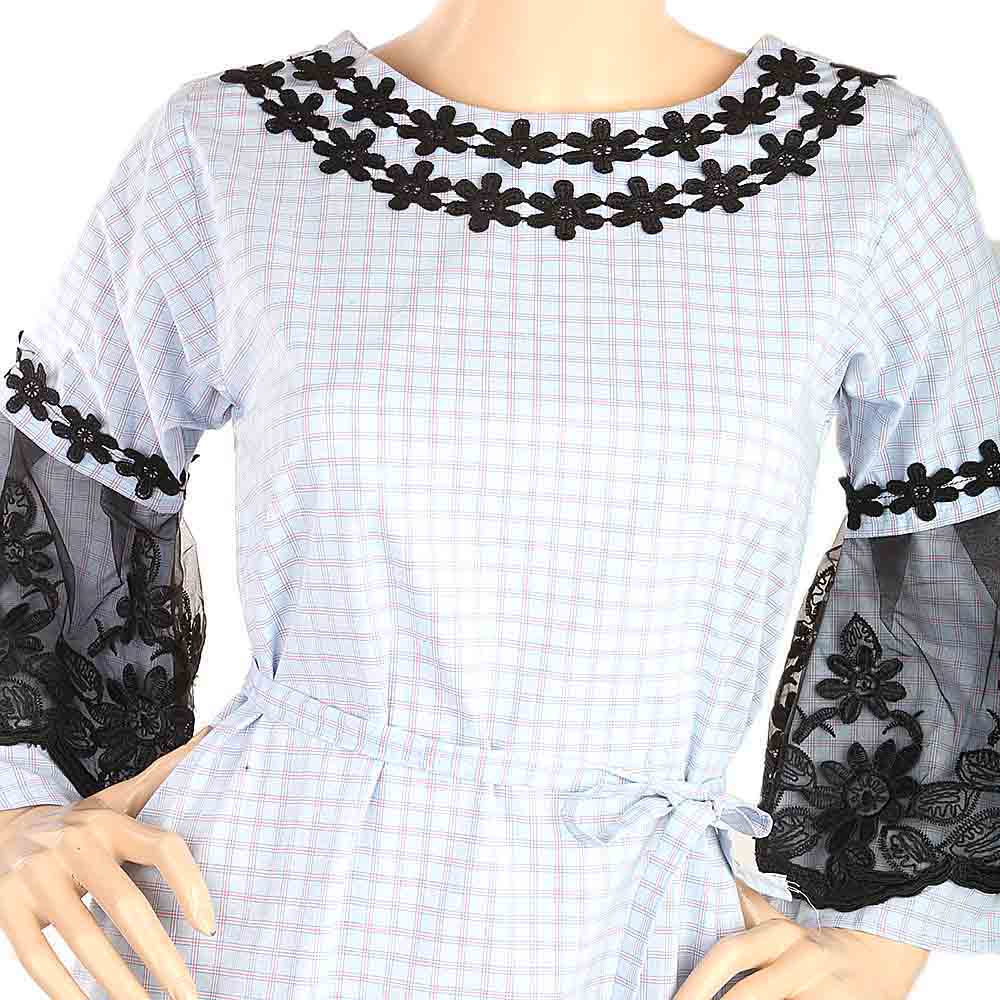 Women's Stripe Kurti With Net Sleeves - Light Blue, Women, Ready Kurtis, Chase Value, Chase Value