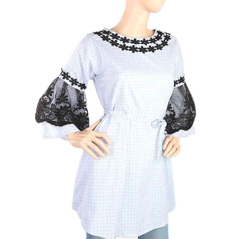 Women's Stripe Kurti With Net Sleeves - Light Blue, Women, Ready Kurtis, Chase Value, Chase Value