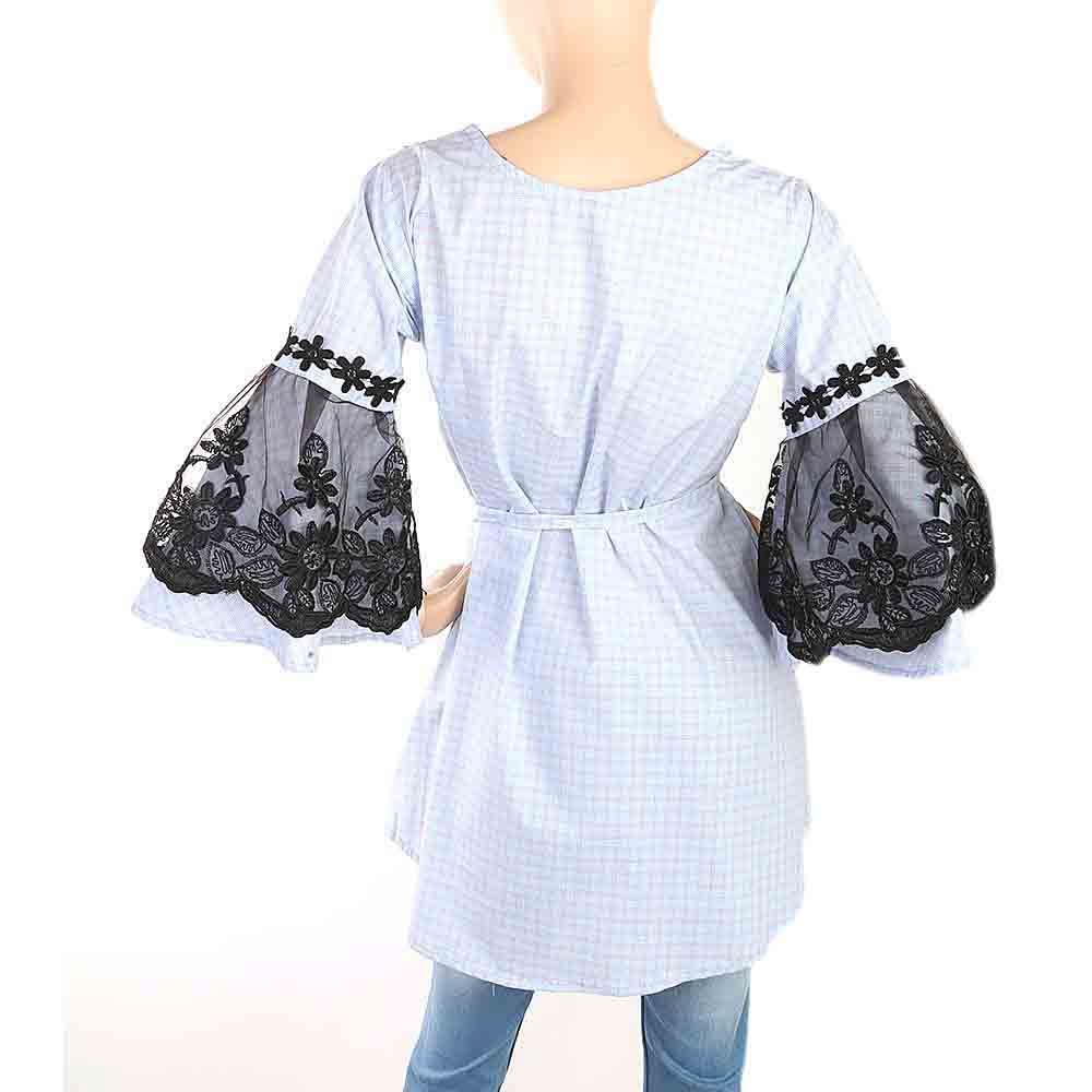 Women's Stripe Kurti With Net Sleeves - Light Blue, Women, Ready Kurtis, Chase Value, Chase Value
