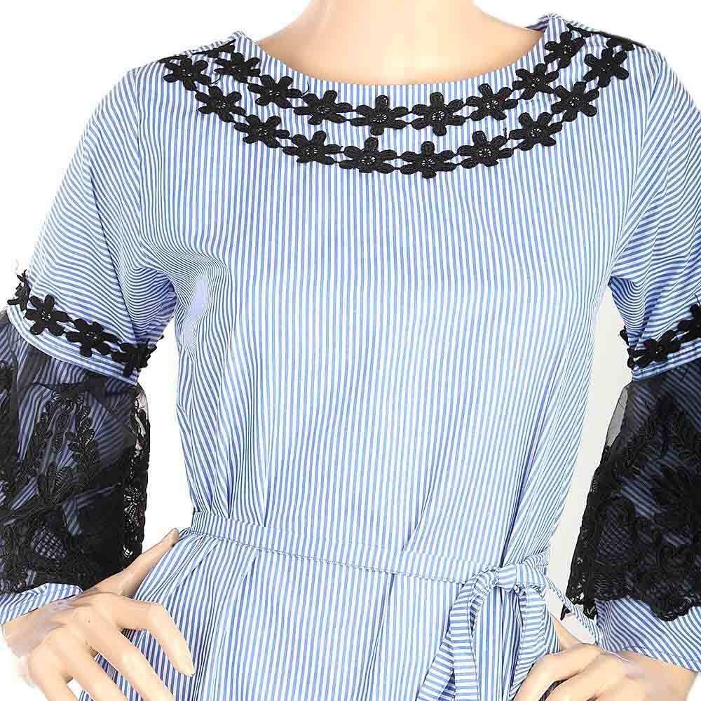 Women's Stripe Kurti With Net Sleeves - Blue, Women, Ready Kurtis, Chase Value, Chase Value