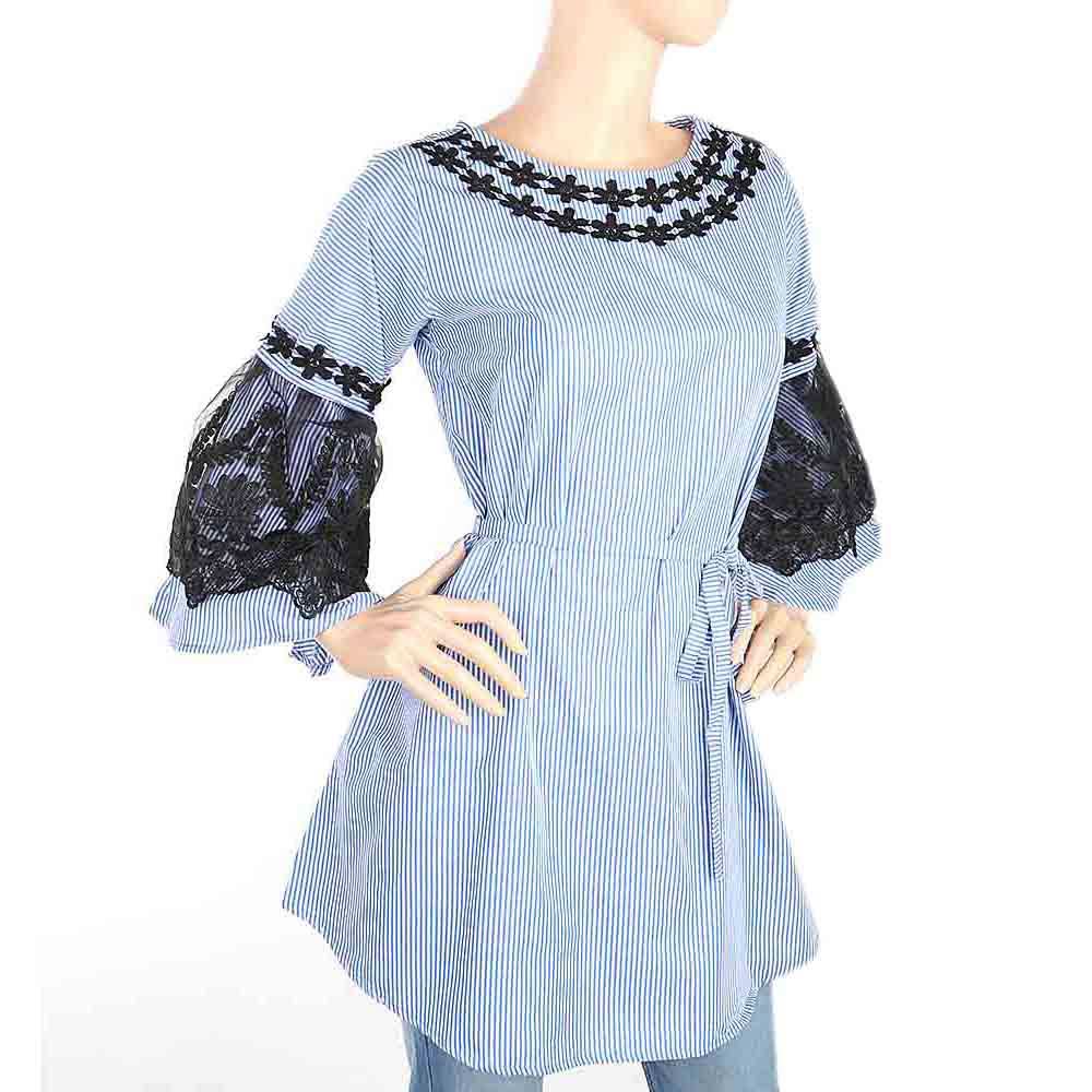 Women's Stripe Kurti With Net Sleeves - Blue, Women, Ready Kurtis, Chase Value, Chase Value