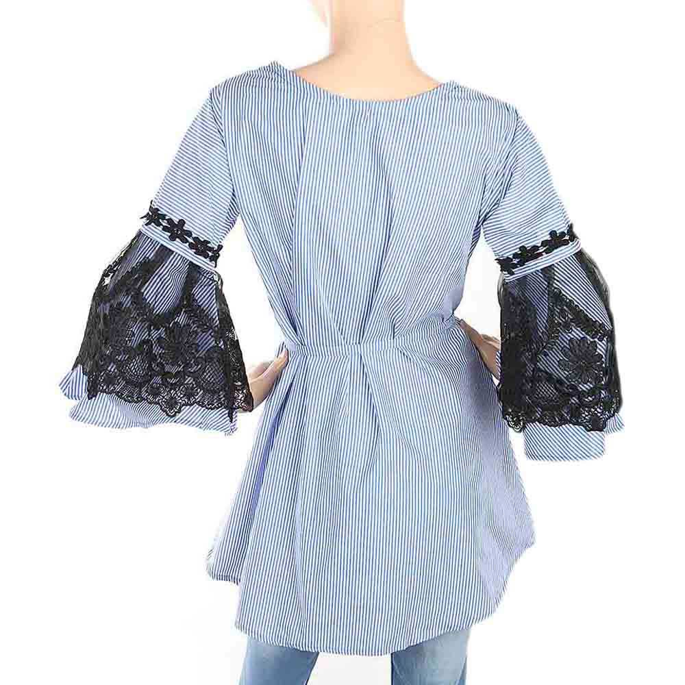 Women's Stripe Kurti With Net Sleeves - Blue, Women, Ready Kurtis, Chase Value, Chase Value
