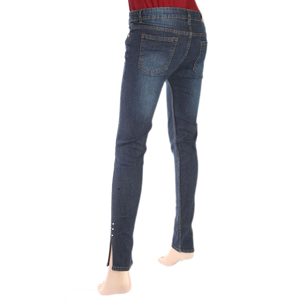 Women's Denim Pant With Bottom Slit Pearls - Dark Blue, Women, Pants & Tights, Chase Value, Chase Value