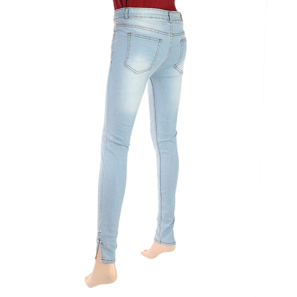 Women's Denim Pant With Bottom Slit Pearls - Light Blue, Women, Pants & Tights, Chase Value, Chase Value