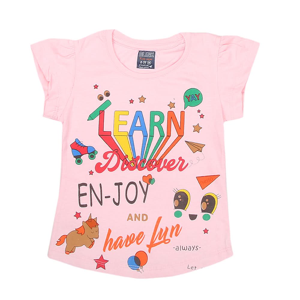 Girls Half Sleeves Printed T-Shirt - Light Pink, Kids, Girls T-Shirts, Chase Value, Chase Value