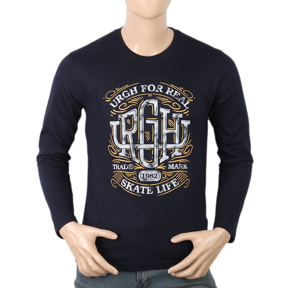 Men's Full Sleeves Lycra Printed T-Shirt - Navy Blue, Men, T-Shirts And Polos, Chase Value, Chase Value