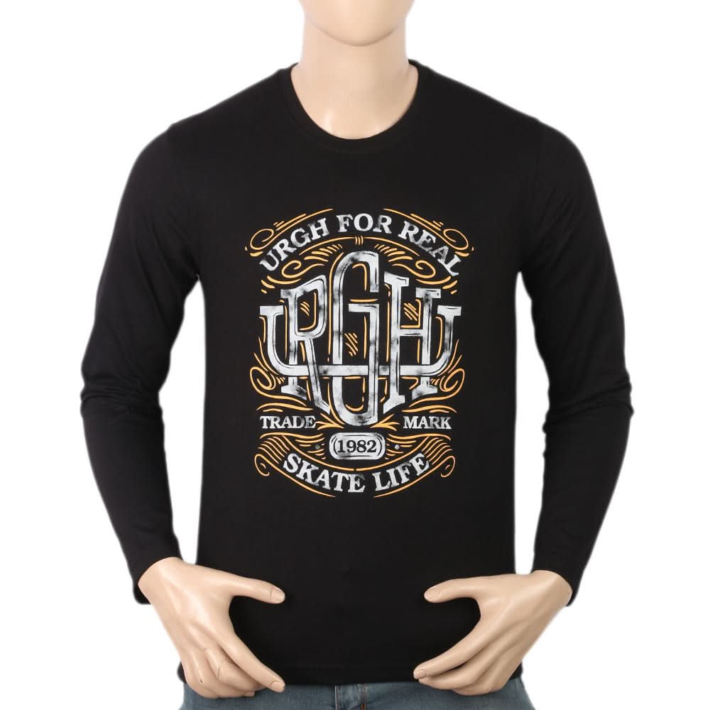 Men's Full Sleeves Lycra Printed T-Shirt - Black, Men, T-Shirts And Polos, Chase Value, Chase Value