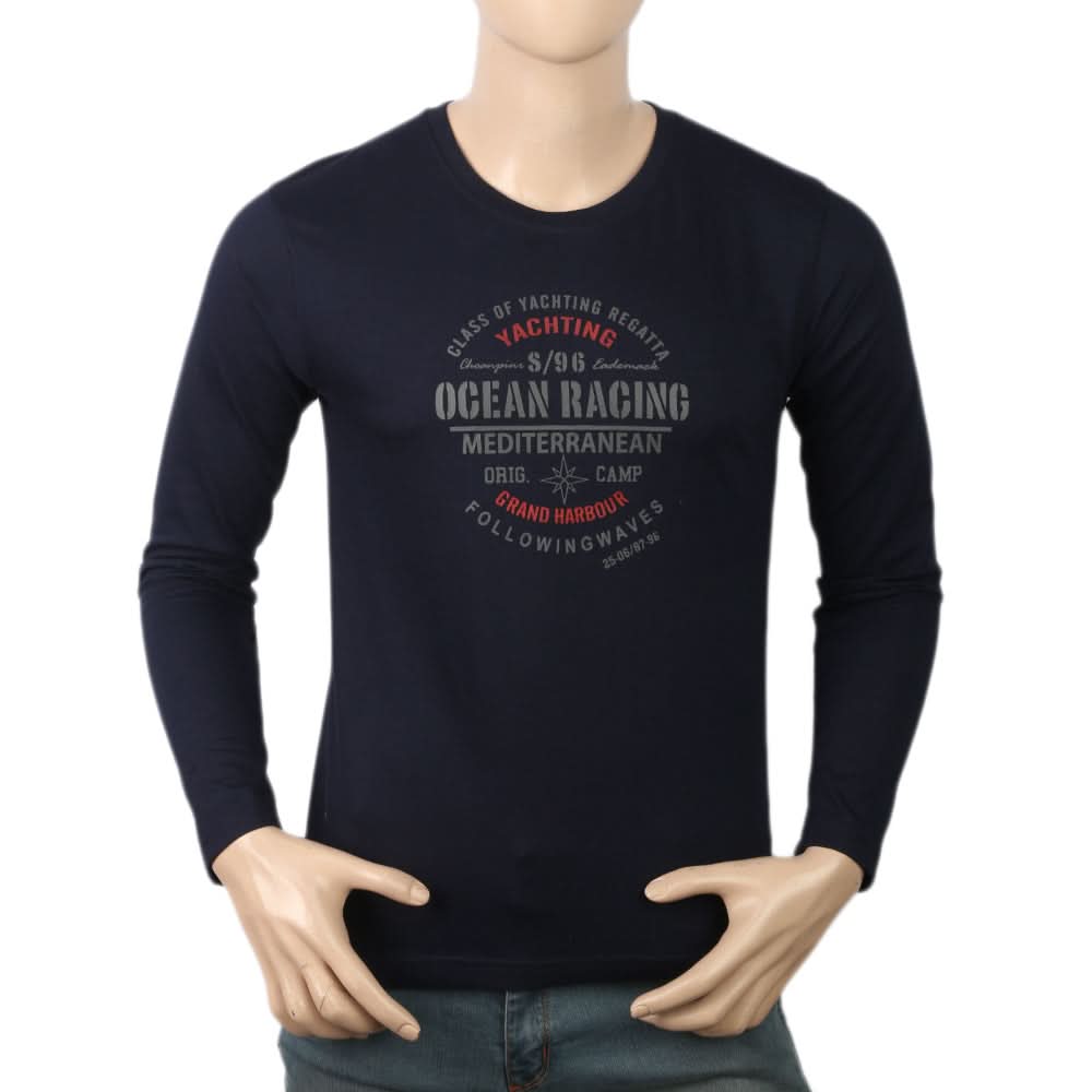 Men's Full Sleeves Lycra Printed T-Shirt - Navy Blue, Men, T-Shirts And Polos, Chase Value, Chase Value