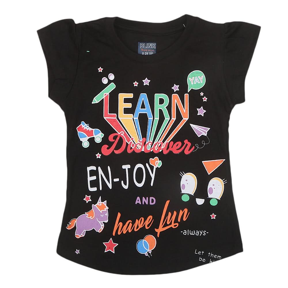 Girls Half Sleeves Printed T-Shirt - Black, Kids, Girls T-Shirts, Chase Value, Chase Value