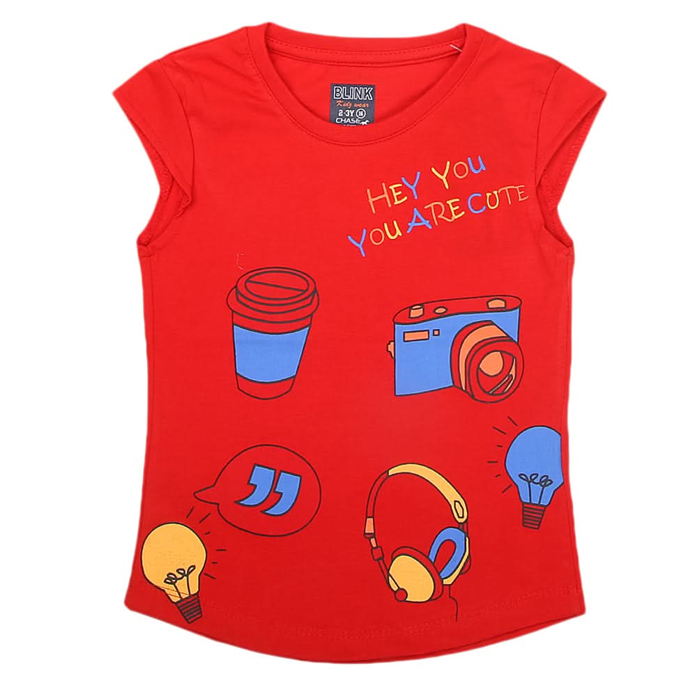 Girls Half Sleeves Printed T-Shirt 4709 16-24 - Red, Kids, Girls T-Shirts, Chase Value, Chase Value