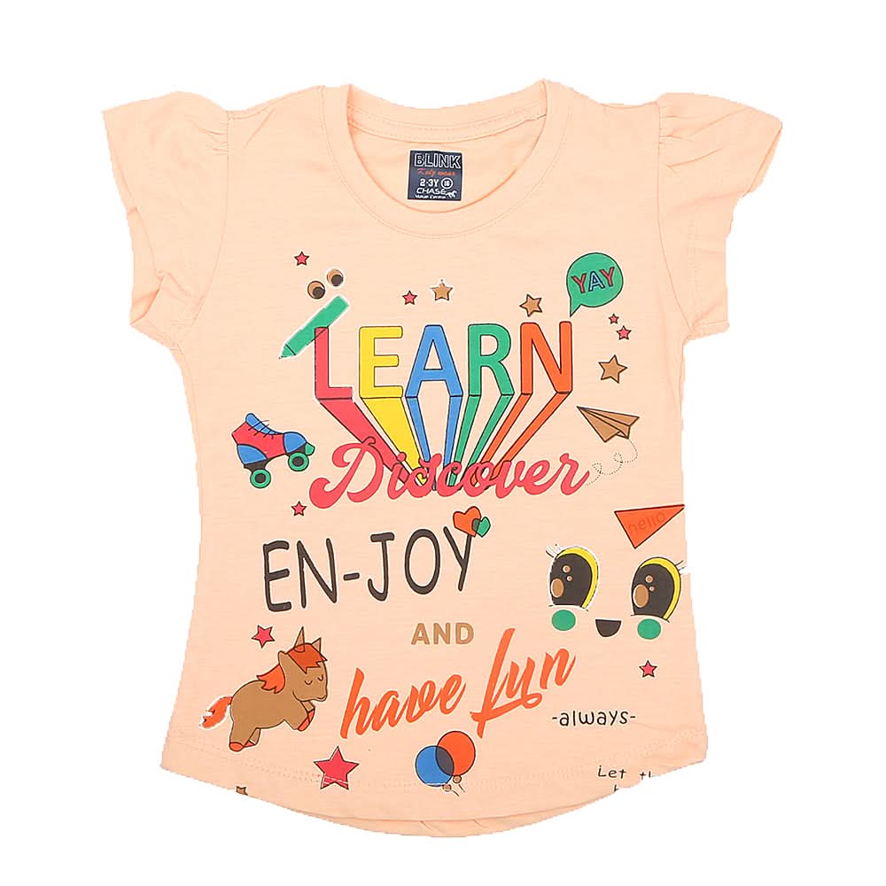 Girls Half Sleeves Printed T-Shirt - Peach, Kids, Girls T-Shirts, Chase Value, Chase Value