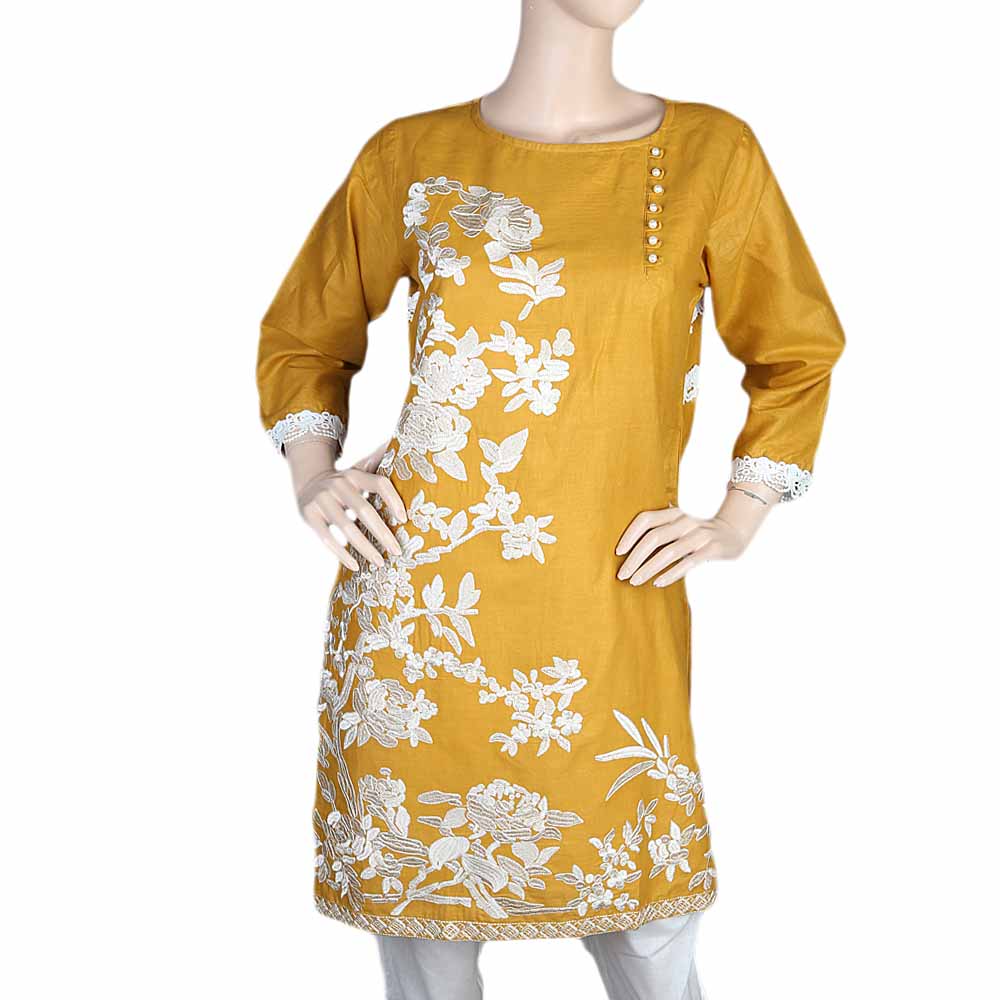 Women's Front Button Embroidered Kurti - Mustard, Women, Ready Kurtis, Chase Value, Chase Value