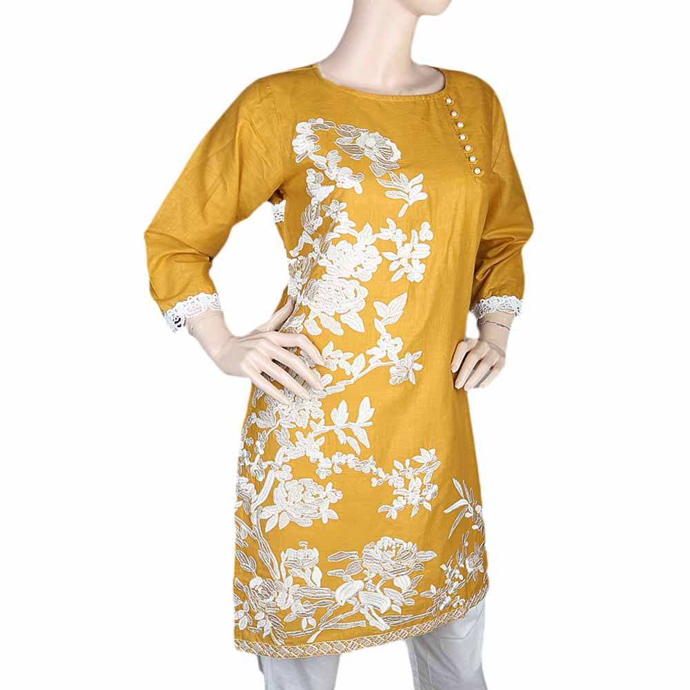 Women's Front Button Embroidered Kurti - Mustard, Women, Ready Kurtis, Chase Value, Chase Value