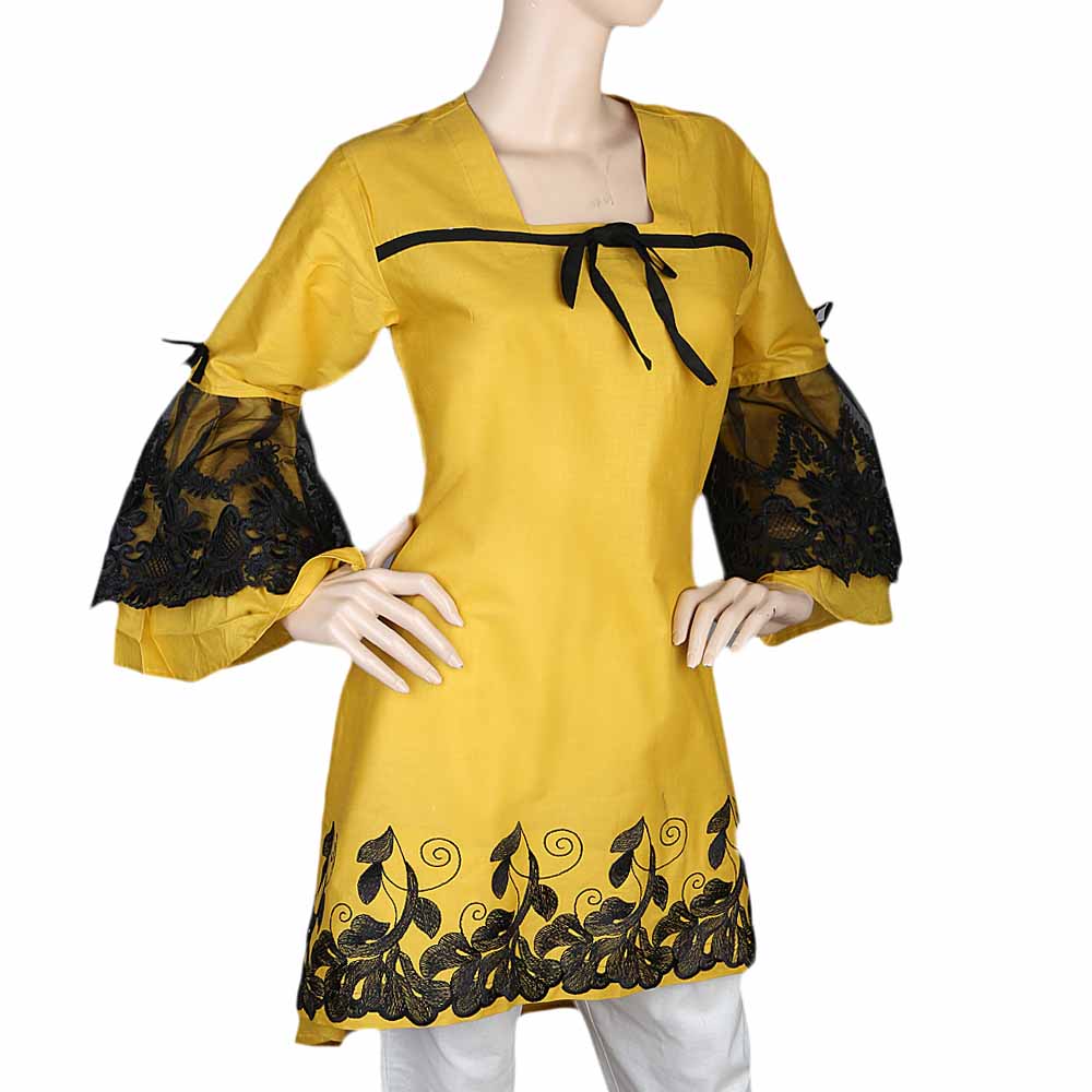 Women's  Embroidered Front Bow Kurti - Mustard, Women, Ready Kurtis, Chase Value, Chase Value