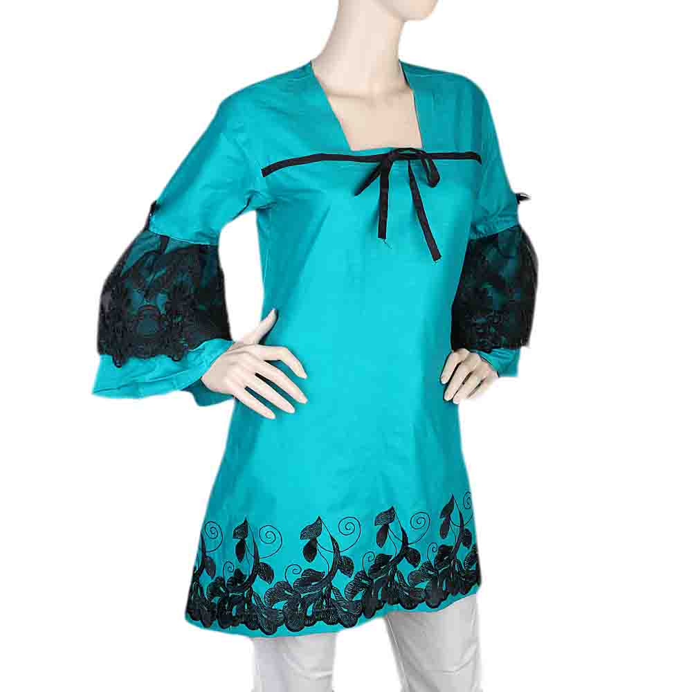 Women's Front Bow Embroidered Kurti - Sea Green, Women, Ready Kurtis, Chase Value, Chase Value